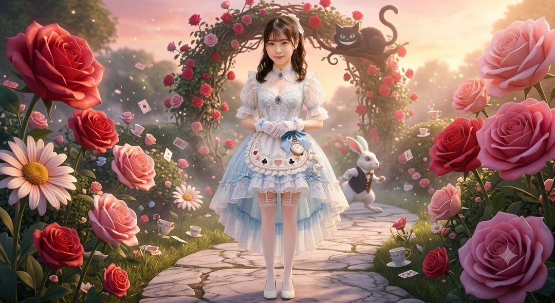 A young woman in an Alice in Wonderland-inspired blue dress stands in a magical garden filled with roses, playing cards, and a white rabbit.