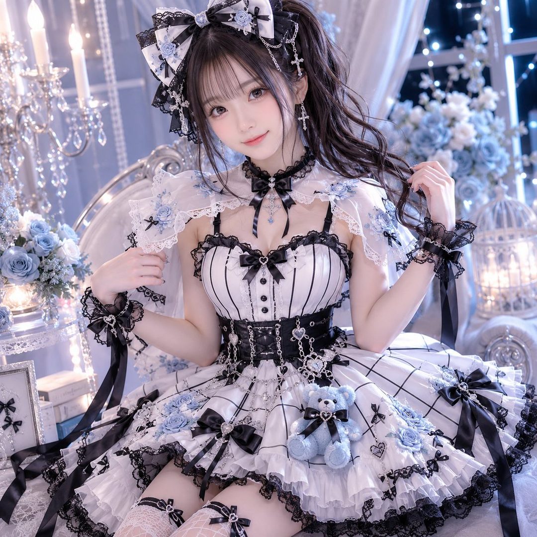 A young woman in a gothic lolita-style dress with black and white stripes, lace, bows, and a teddy bear accessory, posing indoors with a soft, dreamy background.