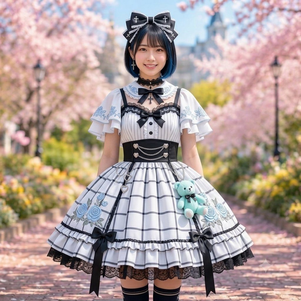A young woman in a white and black Lolita-style dress with blue rose accents, wearing a large bow headband, poses outdoors with cherry blossoms in the background.