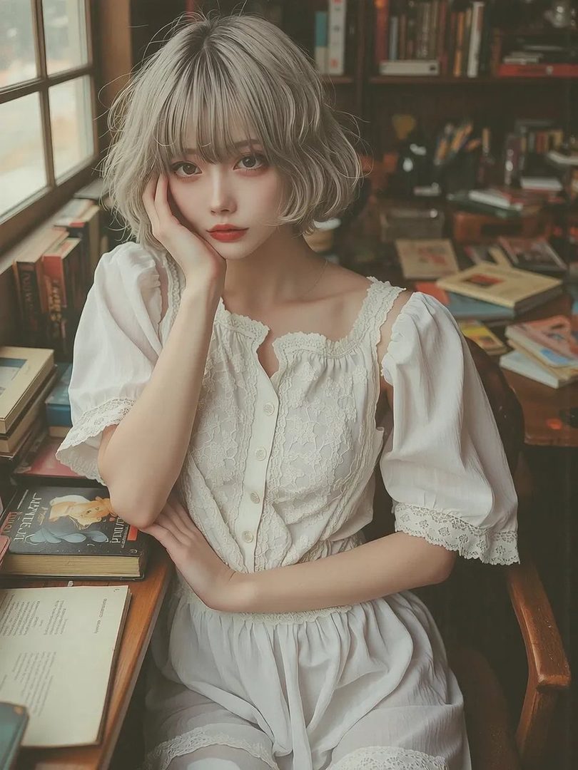 A young woman with short, light-colored hair and bangs, wearing a white lace dress, sits by a window with books.