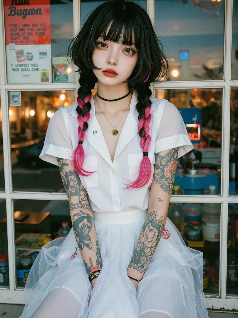 A young woman with black hair styled in braids with pink highlights, bangs, and a white collared shirt, sitting in front of a window with tattoos on her arms.