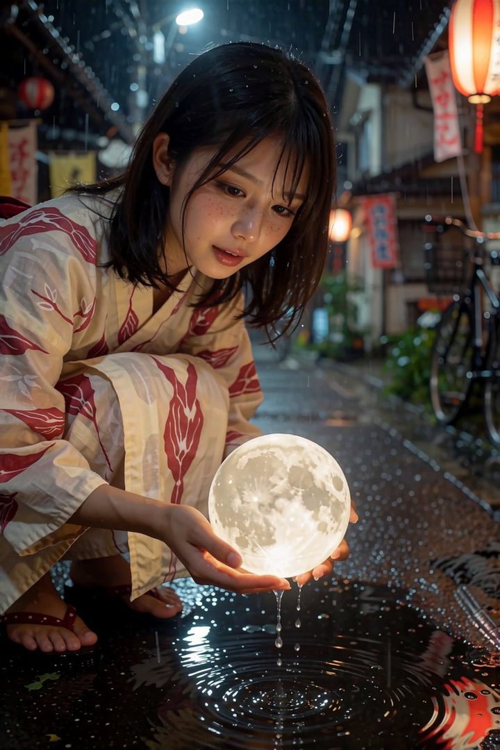 A young Japanese woman in a yukata holds a glowing moon orb in her hands on a rainy street at night.