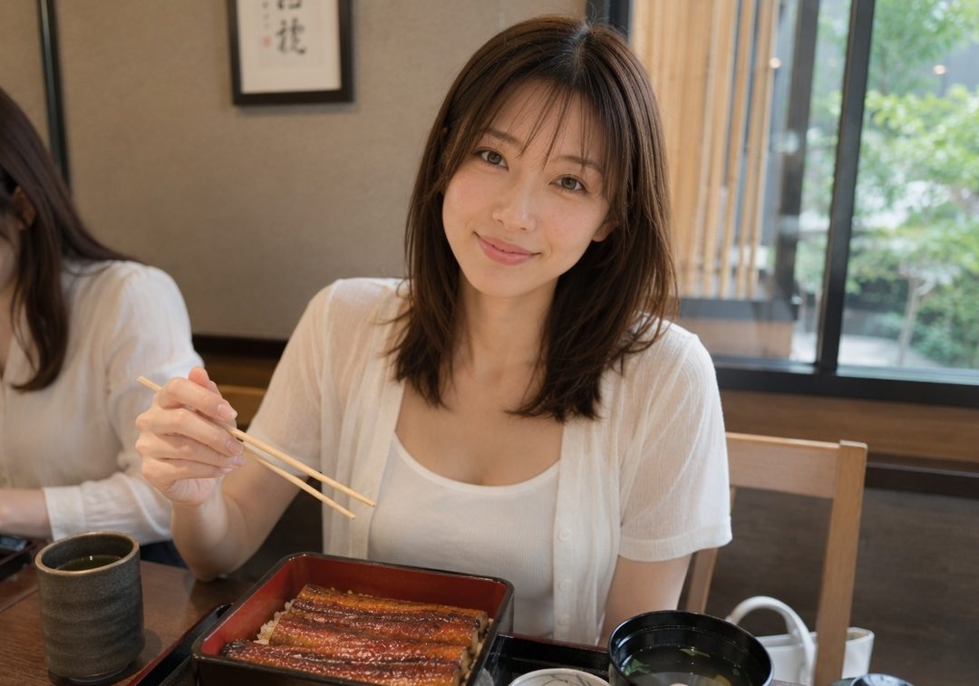 A young East Asian woman with shoulder-length brown hair smiles gently while holding chopsticks over a meal of unagi donburi.