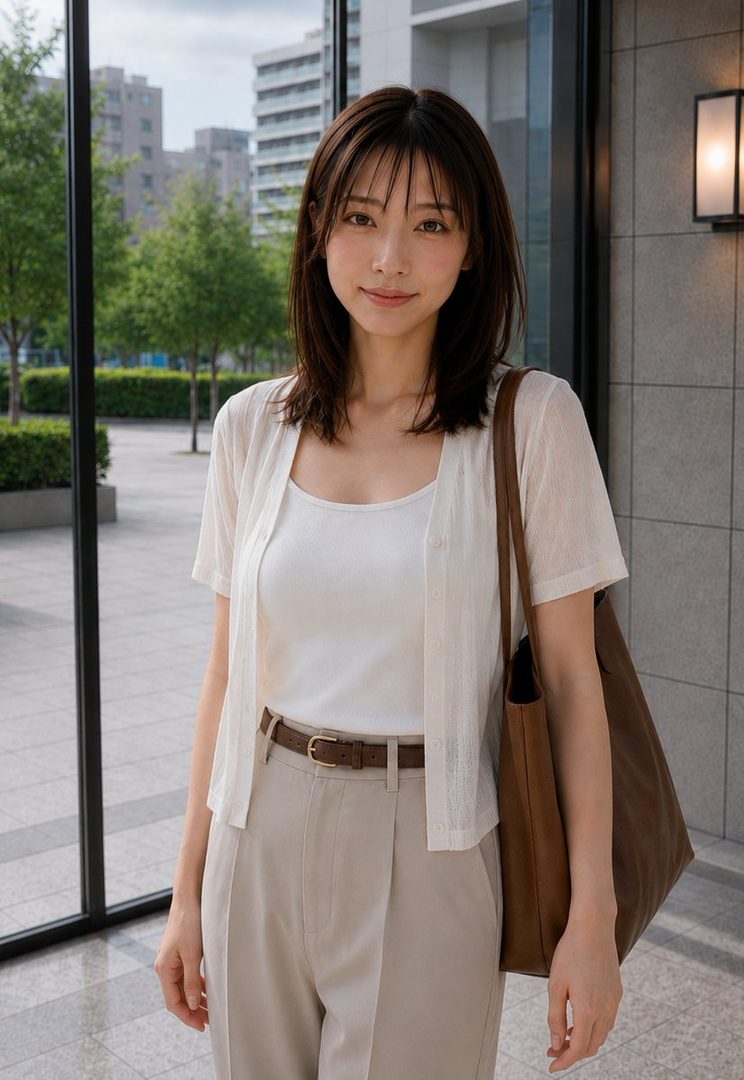 A young East Asian woman with shoulder-length dark hair and bangs, wearing a white tank top, a light cardigan, and beige pants, stands outdoors with a brown tote bag.