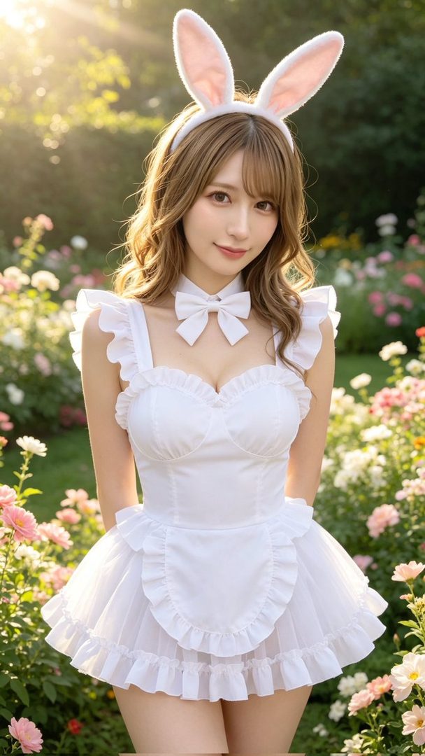 A young woman in a white maid outfit with bunny ears poses in a garden.