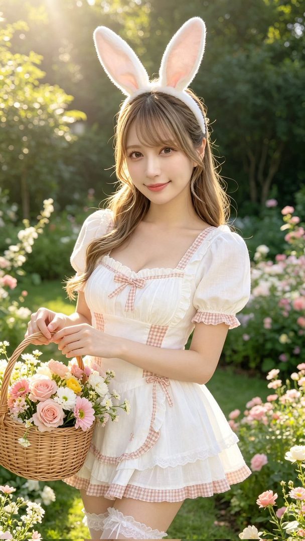 A young woman with bunny ears holds a basket of flowers in a garden.