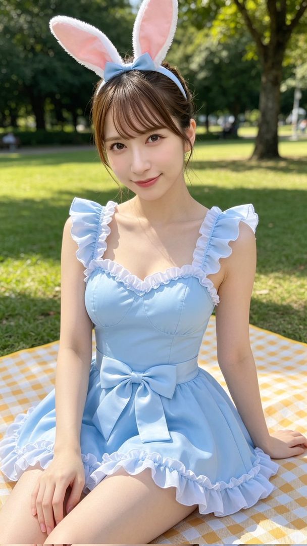 A young woman with brown hair and bangs, wearing a light blue ruffled dress and bunny ears, sits on a picnic blanket in a park.