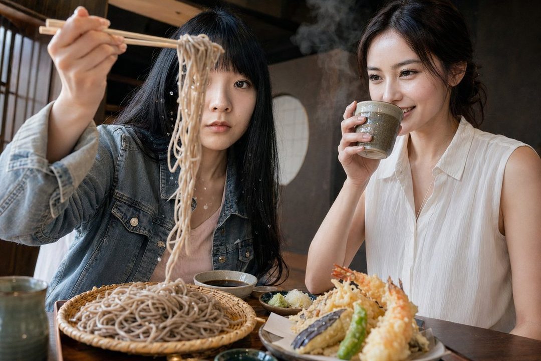 Two young East Asian women enjoying a meal of soba noodles and tempura indoors.