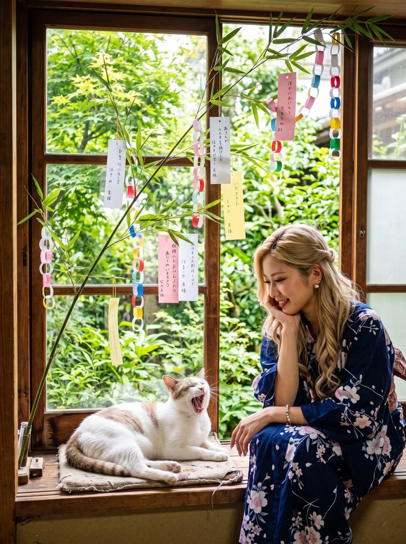 A young woman with blonde hair wearing a dark blue yukata with a floral pattern sits by a window, looking down and smiling. A cat is yawning beside her. Colorful paper decorations hang from bamboo branches.
