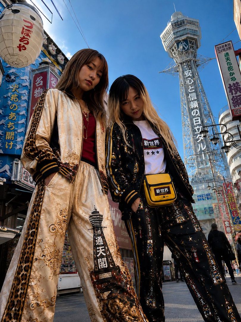 Two young women in matching patterned tracksuits stand on a street in Osaka, Japan, with the Tsutenkaku Tower in the background.