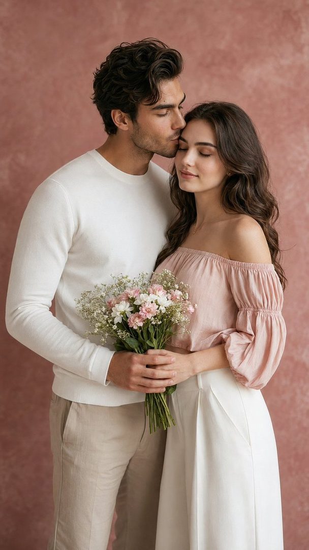 A man gently kisses a woman on the forehead while she holds a bouquet of flowers, both looking serene.