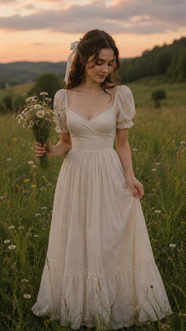 A young woman with long brown hair tied with a white ribbon stands in a field of wildflowers at golden hour, wearing a vintage-style white dress and holding a bouquet of daisies.