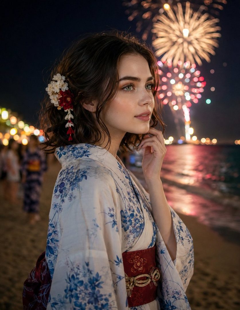 A beautiful young woman in a blue and white floral yukata stands on a beach at night, with fireworks and festival lights in the background.
