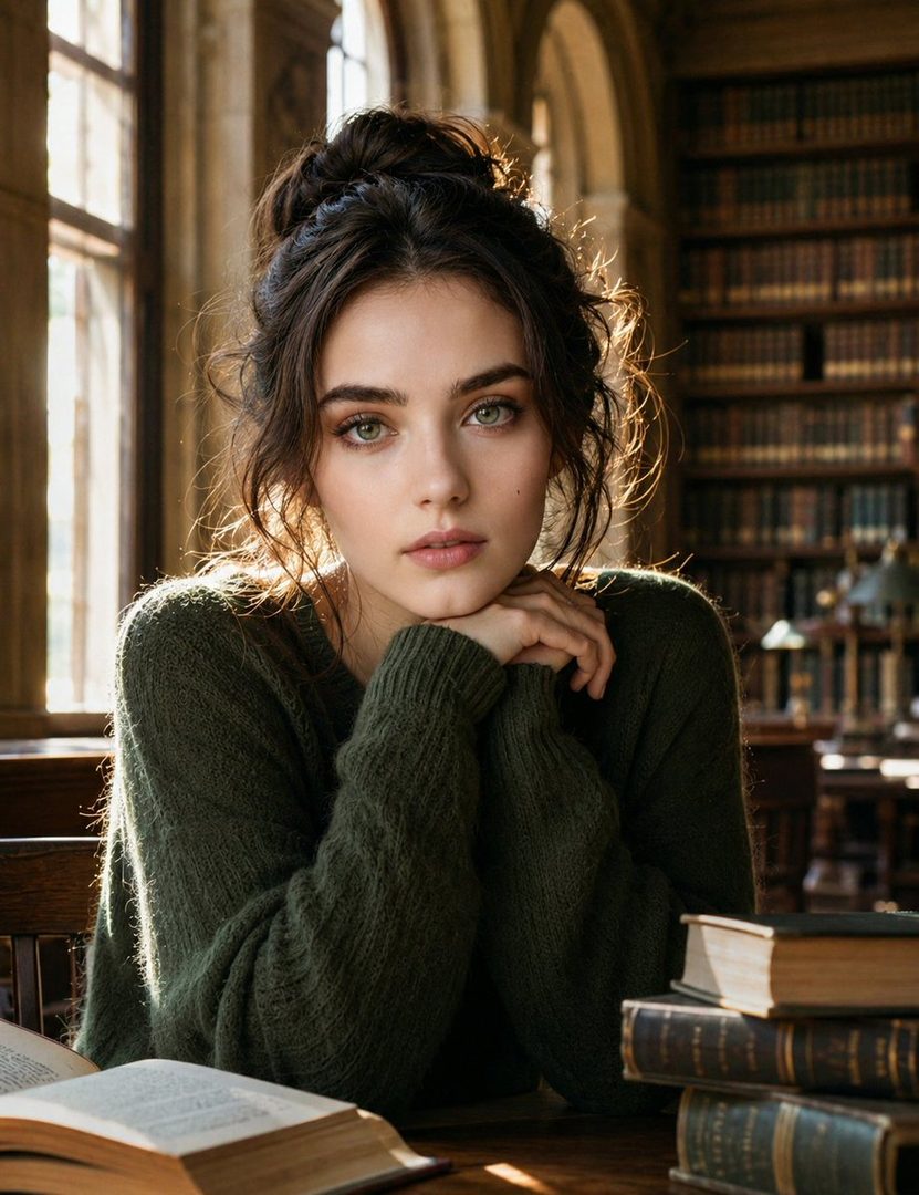 A beautiful young woman with dark hair in a messy bun, wearing a green sweater, sits in a library with books, bathed in warm sunlight.