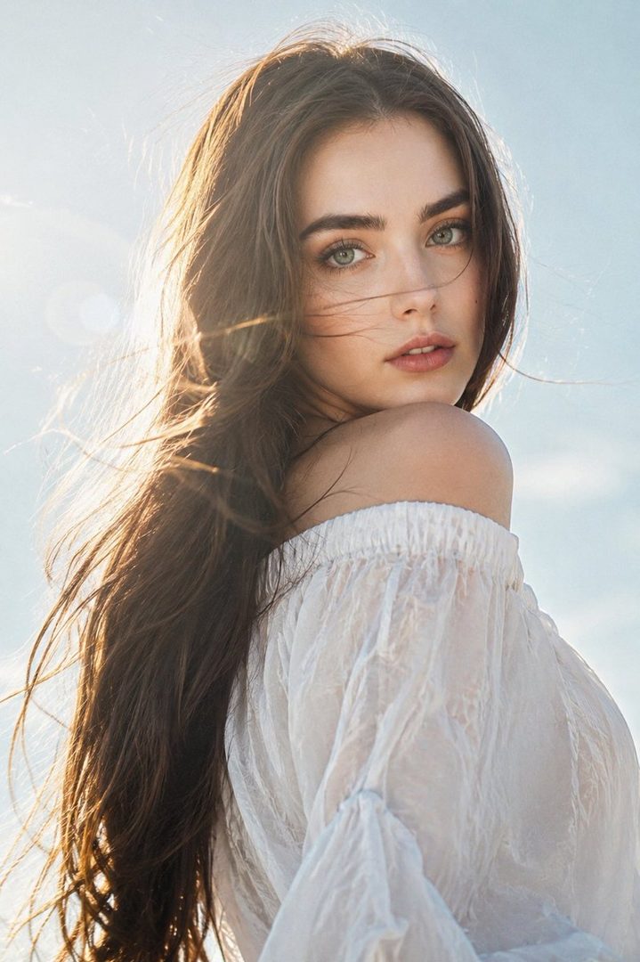 A beautiful young woman with long brown hair and striking green eyes, wearing an off-the-shoulder white blouse, looks over her shoulder with a gentle expression against a bright sky.