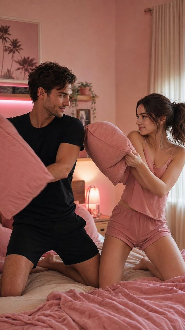 A man and a woman playfully having a pillow fight in a pink-themed bedroom, both wearing sleepwear.
