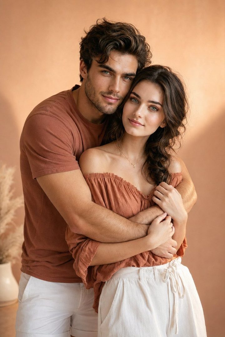 A man embraces a woman from behind in a studio setting, both smiling softly.