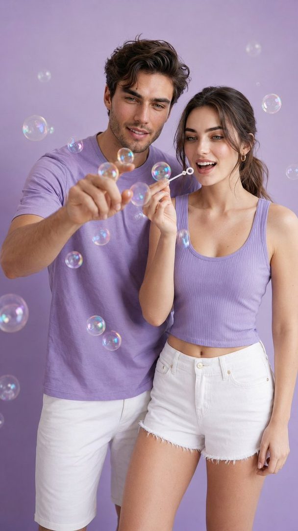 A man and a woman in matching purple tops and white shorts blowing bubbles in a studio.