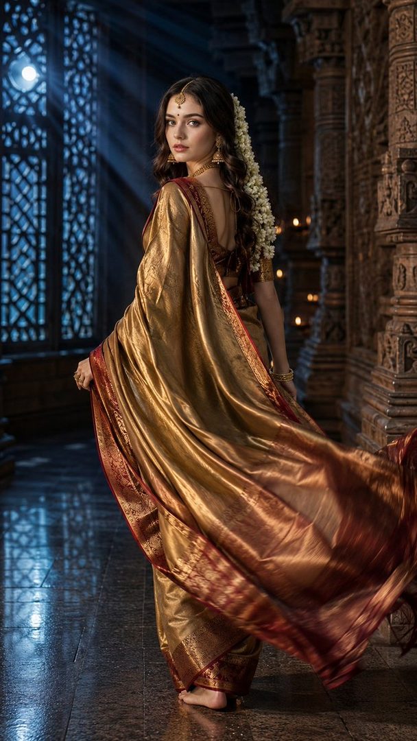 A woman in a golden and red traditional Indian saree poses in a dimly lit ancient temple corridor with moonlight streaming through a window.