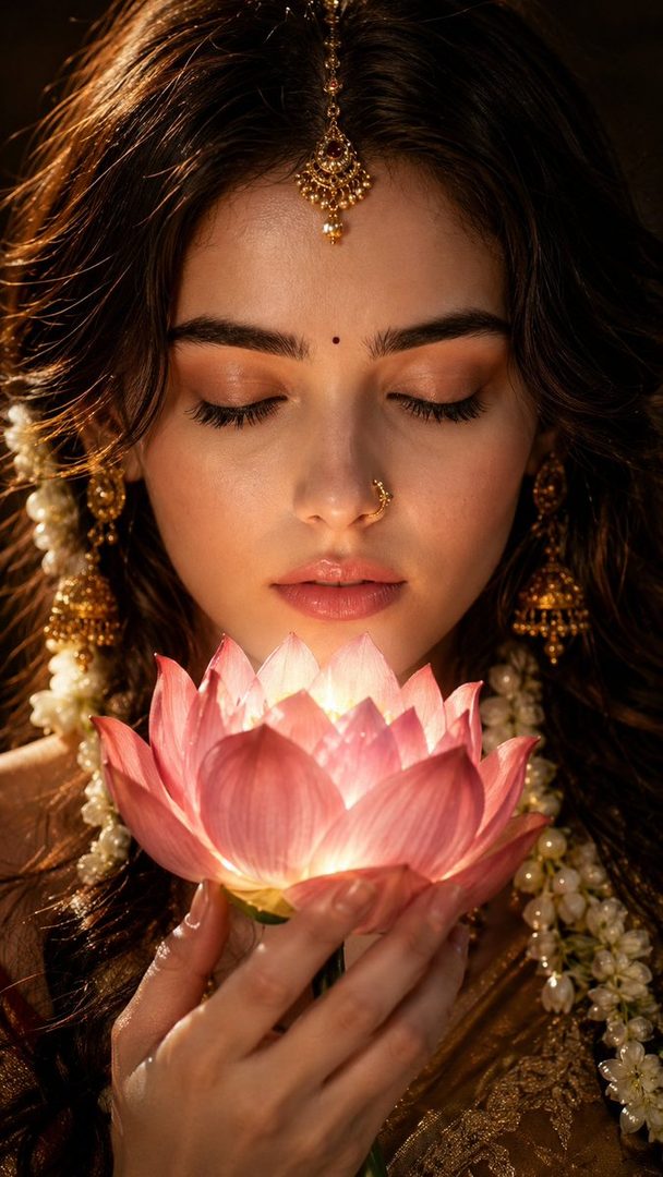 A serene portrait of a young woman with closed eyes, holding a glowing pink lotus flower, adorned with traditional Indian jewelry and flowers in her hair.