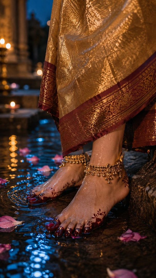 Close-up of a woman's feet adorned with traditional Indian anklets and henna, standing in shallow water with flower petals and soft lighting.