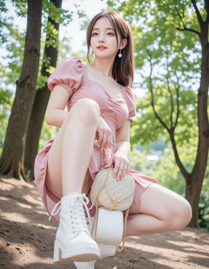 A young East Asian woman in a pink puff-sleeve dress and white boots poses outdoors with a handbag.