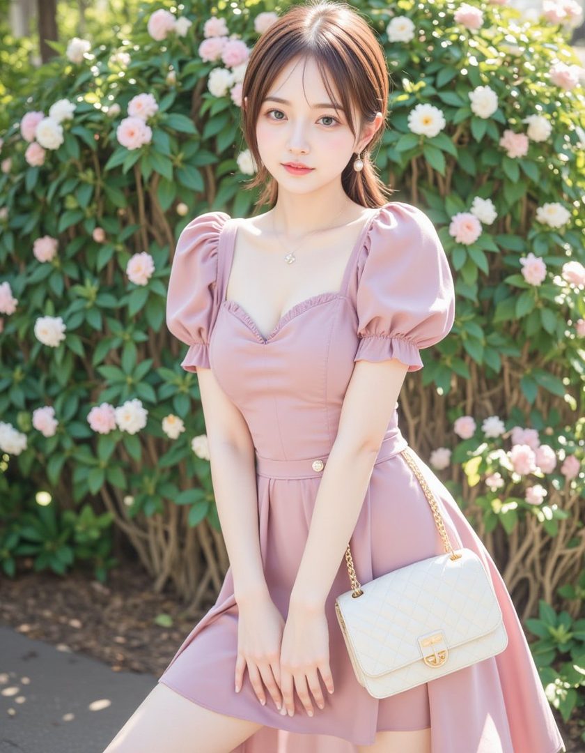 A young East Asian woman with brown hair tied in a ponytail, wearing a dusty pink puff-sleeve dress and holding a cream quilted handbag, posing outdoors in front of a flowering bush.