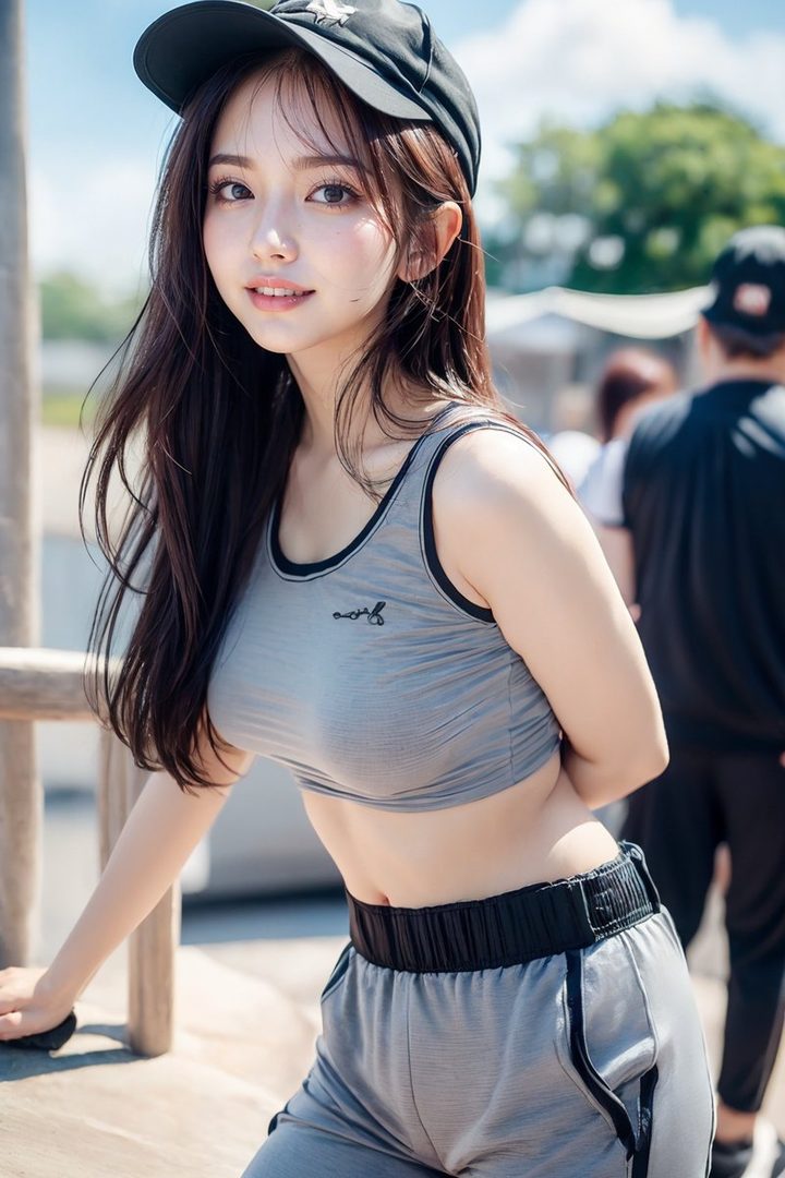 A young woman with long brown hair and a black baseball cap, wearing a grey sports bra and grey athletic shorts, poses outdoors.