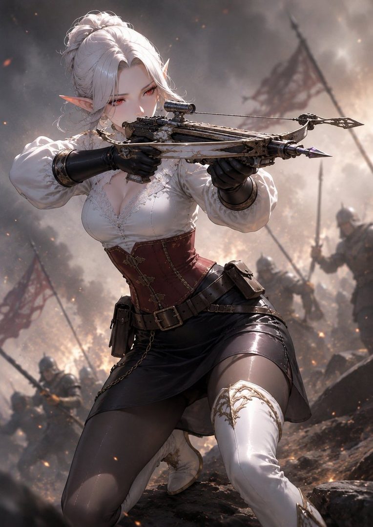 An elf woman with white hair and red eyes aims a crossbow in a battlefield setting.