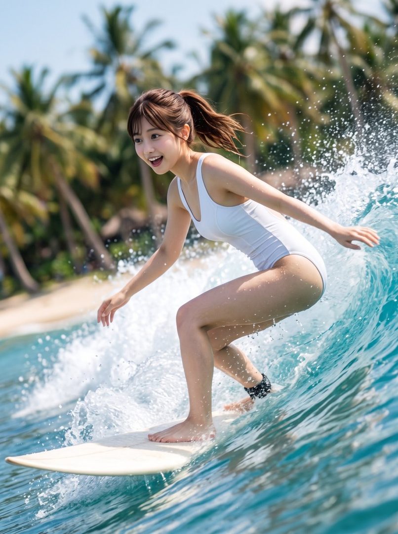 A young woman in a white one-piece swimsuit surfs a wave on a surfboard, with palm trees and a beach in the background.