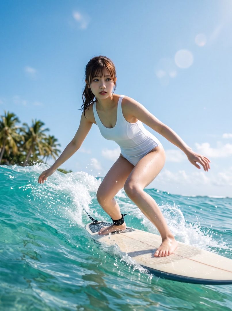 A young woman in a white one-piece swimsuit surfs on a surfboard in the ocean, with palm trees in the background under a clear blue sky.