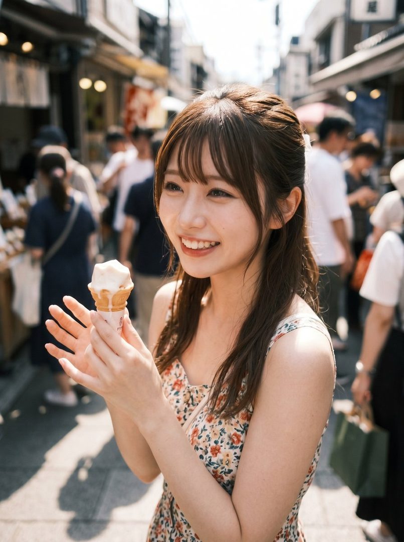 A young woman with long brown hair and bangs, wearing a floral dress, smiles while holding an ice cream cone on a sunny street.