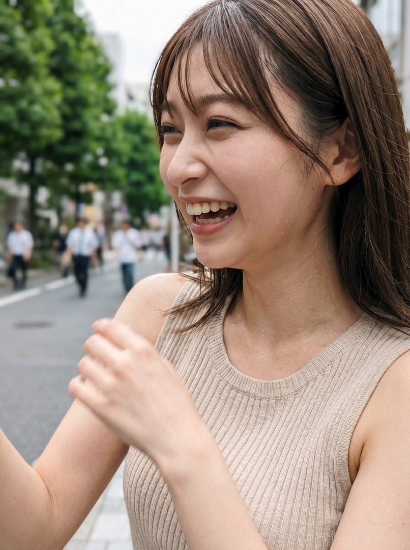 A young East Asian woman with long brown hair and bangs, wearing a beige sleeveless top, laughs heartily on a city street.