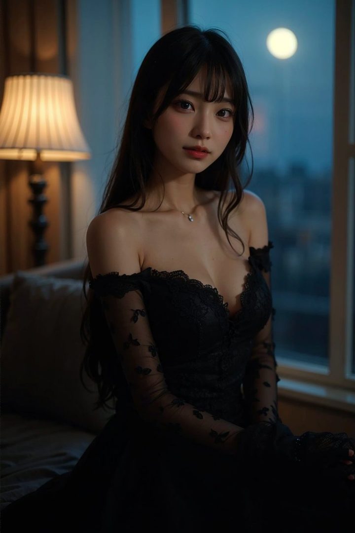 A young East Asian woman with long black hair and bangs, wearing an off-the-shoulder black lace dress, poses indoors at night with a moon visible through the window.