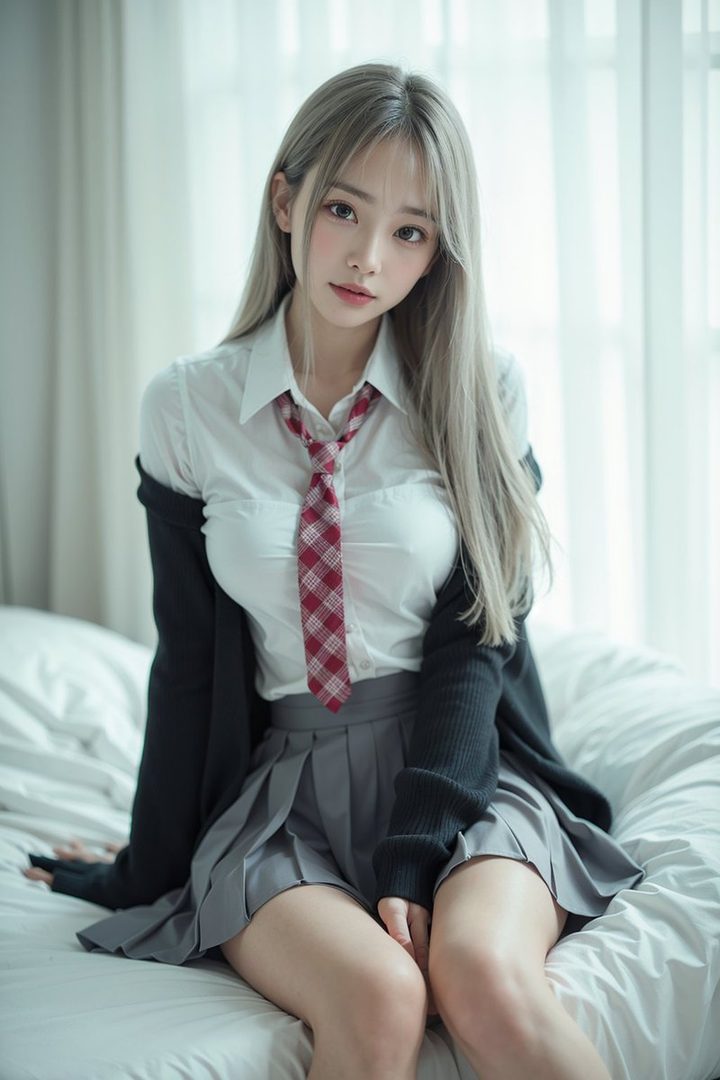 A young woman with long blonde hair, wearing a white shirt, red plaid tie, grey pleated skirt, and a black cardigan, posing indoors.