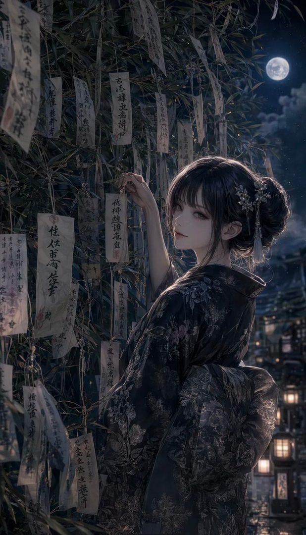 A beautiful AI-generated portrait of a young woman in a dark kimono, standing outdoors at night under a full moon, with traditional Japanese wish papers hanging from bamboo.