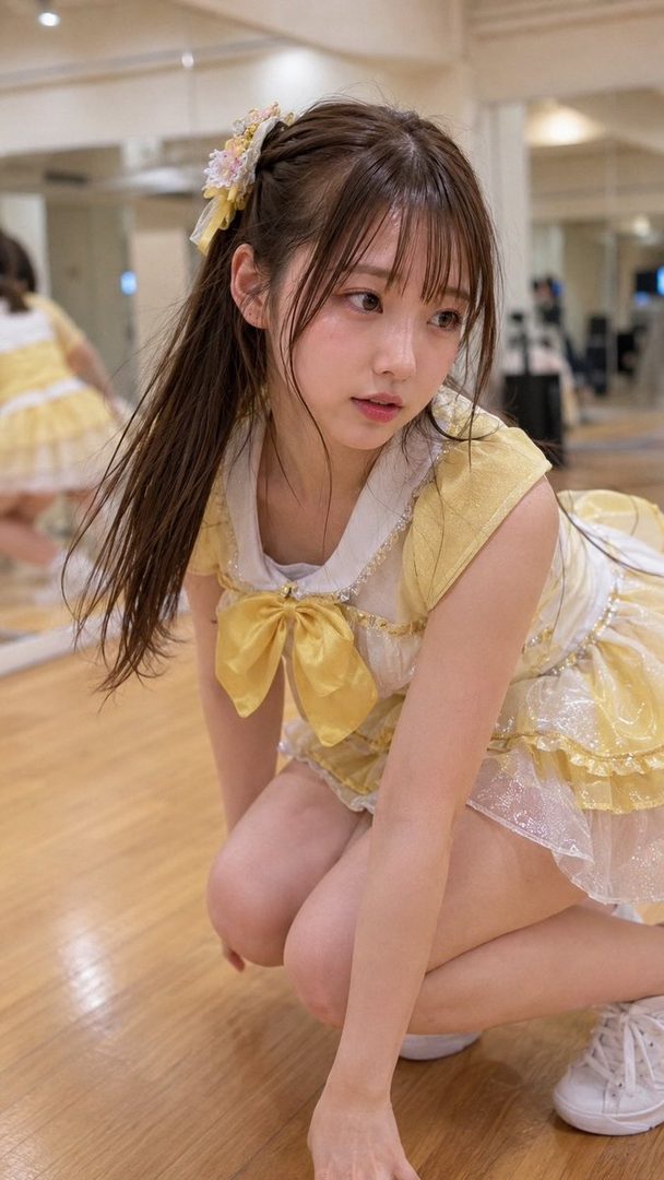 A young Japanese idol in a yellow and white outfit with a large bow, crouching on a wooden floor.