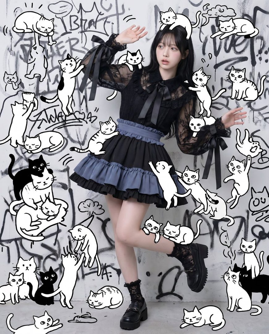 A young woman with black hair and bangs, wearing a black lace top and a black and blue skirt, poses playfully against a graffiti-covered wall adorned with cartoon cats.