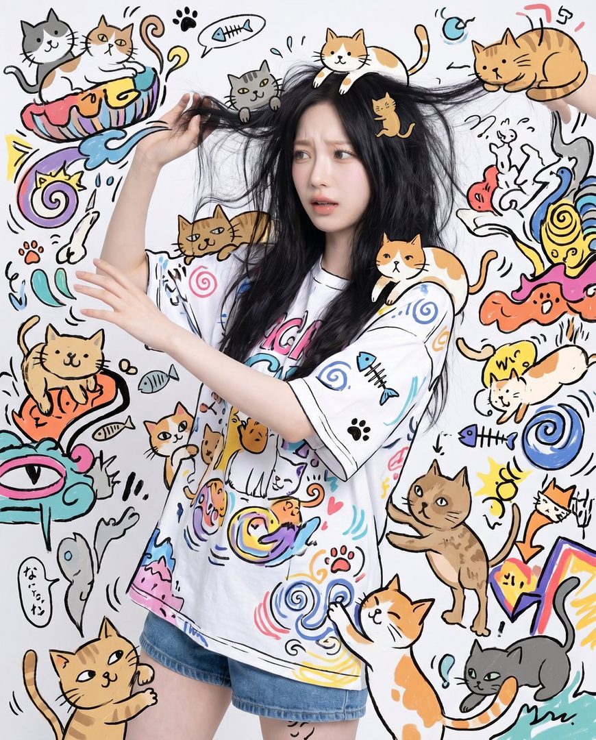 A young woman with long black hair, wearing a white t-shirt with a cat print and denim shorts, poses playfully against a white background filled with cartoon cat illustrations.