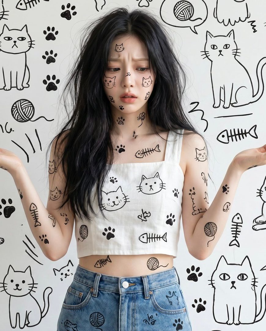 A young East Asian woman with long black hair, wearing a white crop top and denim jeans, poses playfully against a white wall decorated with black cat and paw print drawings. She has temporary cat face tattoos on her face and body.