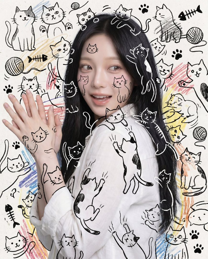A young East Asian woman with long black hair smiles playfully, adorned with cute cat doodles on her face and shirt, against a background of playful cat illustrations.