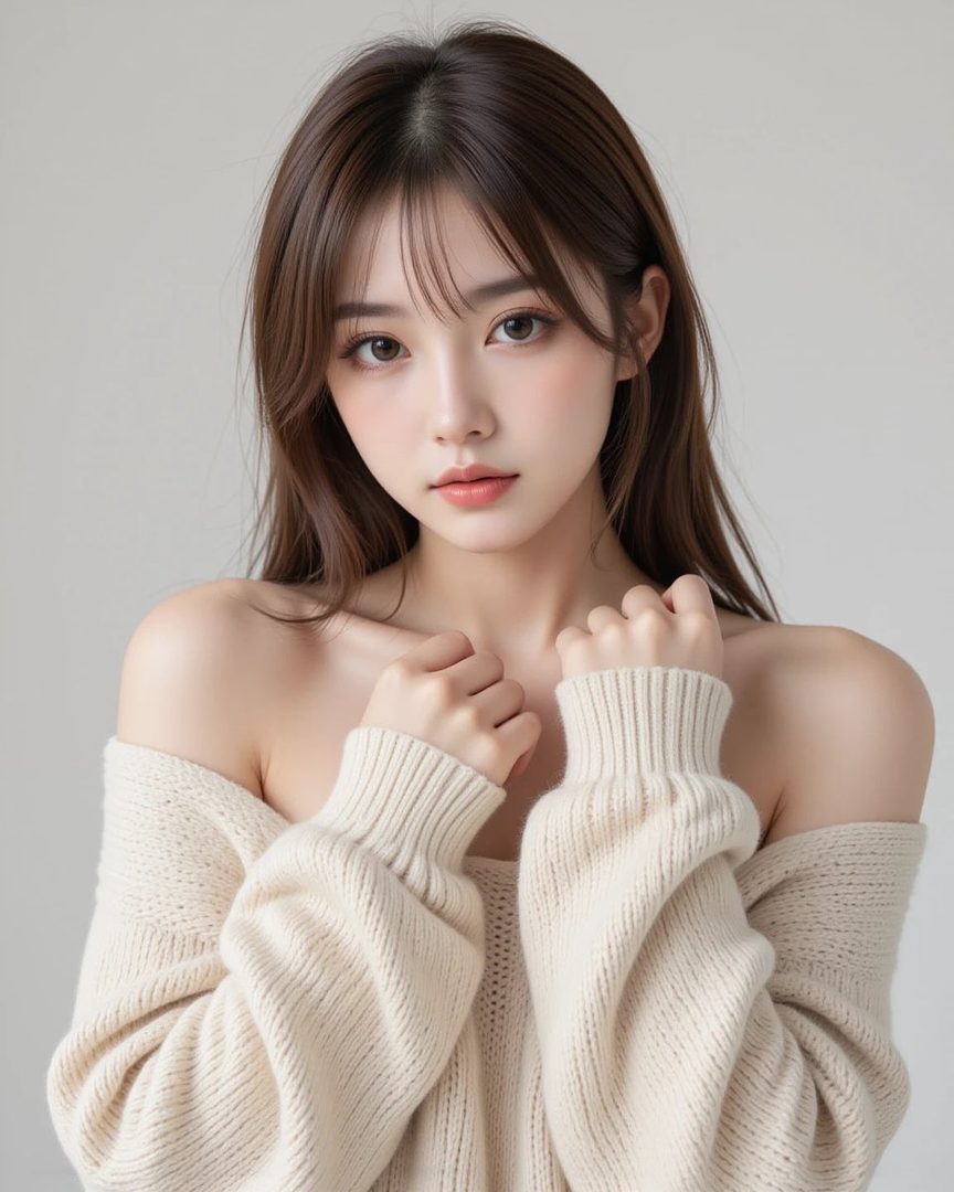 A beautiful AI-generated woman with long brown hair, wearing an off-the-shoulder cream sweater, posing indoors.
