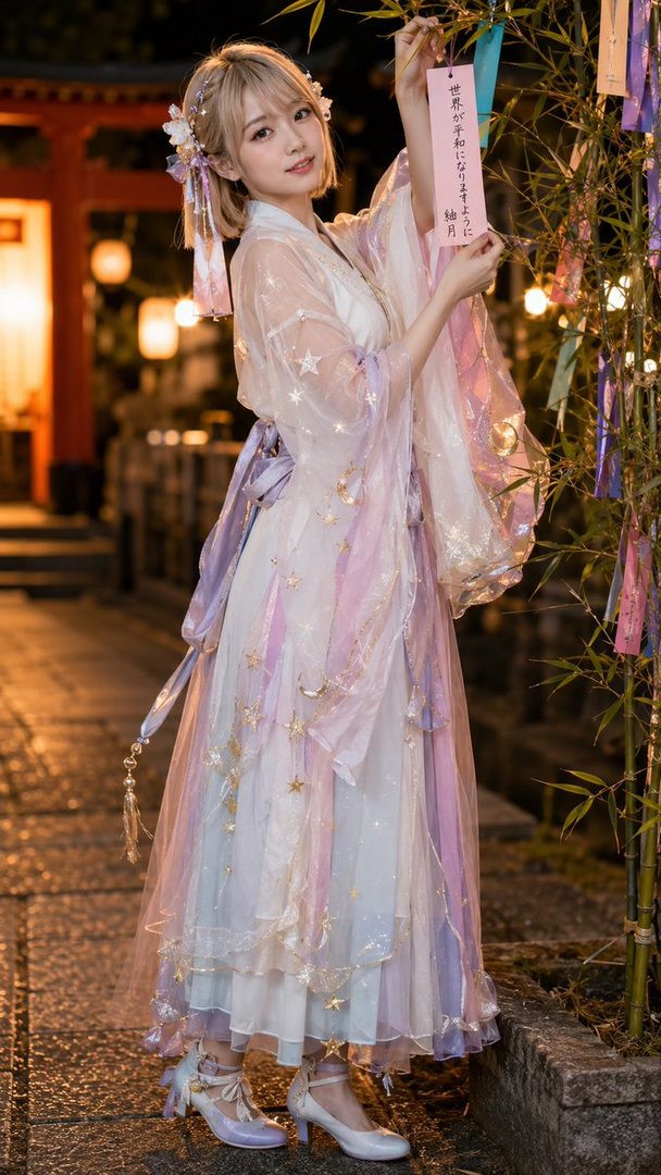 A young woman with blonde hair in a traditional Japanese-inspired dress with star motifs, standing outdoors at night.