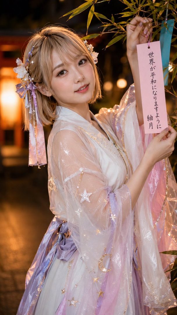 A beautiful AI-generated woman with blonde hair, wearing a white and pastel dress with star and moon motifs, holding a pink tanzaku with Japanese text.