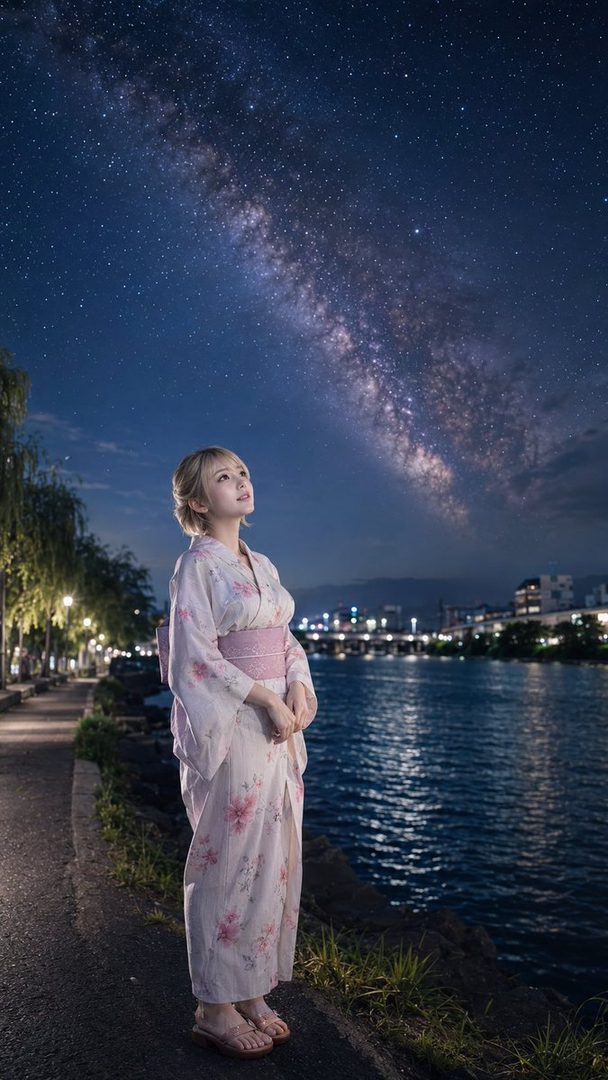 A woman in a yukata stands by a river at night, looking up at the Milky Way.
