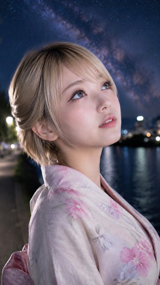 A young woman with blonde hair wearing a pink floral yukata looks up at the starry night sky.