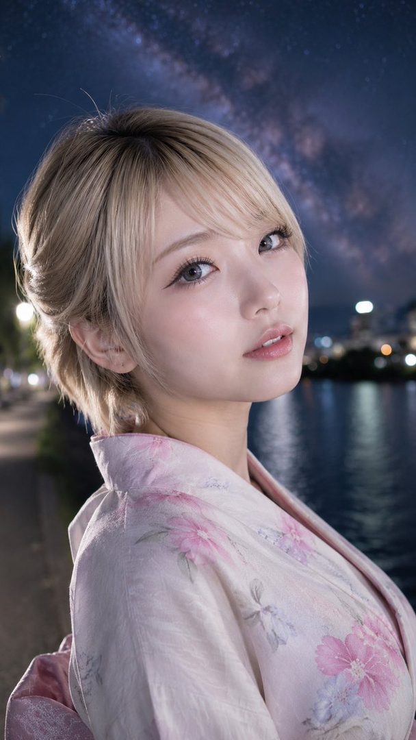 A beautiful AI-generated woman with blonde hair, wearing a pink floral yukata, poses outdoors at night with a starry sky and city lights in the background.