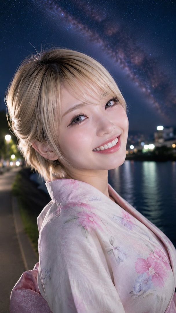 A beautiful AI-generated woman with blonde hair, wearing a pink floral yukata, smiles warmly under a starry night sky with the Milky Way visible.