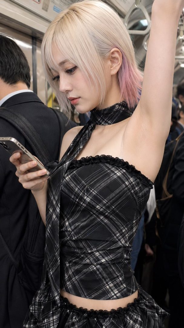 A young woman with blonde hair and pink highlights, wearing a black plaid off-the-shoulder top and skirt, holds her phone while riding a train.