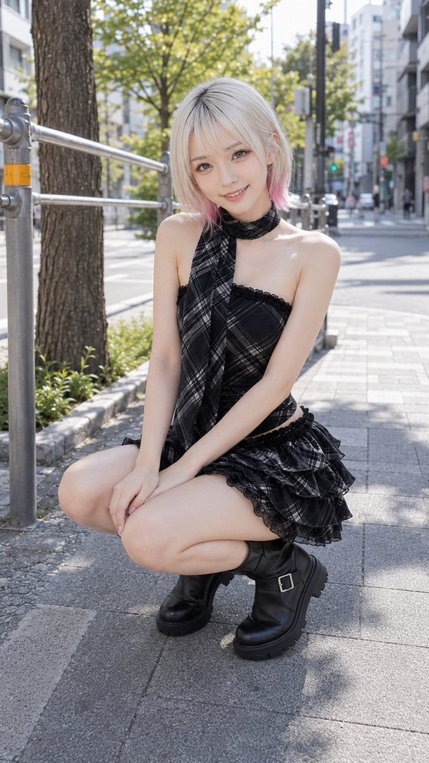 A young woman with short blonde hair with pink tips, wearing a plaid off-the-shoulder top and a ruffled skirt, squats on a city sidewalk.